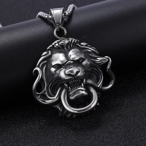 Collana Con Ciondolo Testa Di Leone In Acciaio Inossidabile Retrò Con Anello Gioielli Punk Hip Hop Gotic Da Uomo