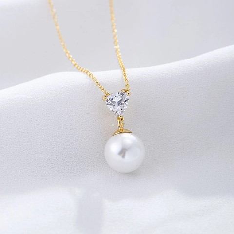 Pendant Necklace With 925 Sterling Silver Heart Shaped Zircon And Round White Artificial Pearl Minimalist Elegant For Women Jewelry