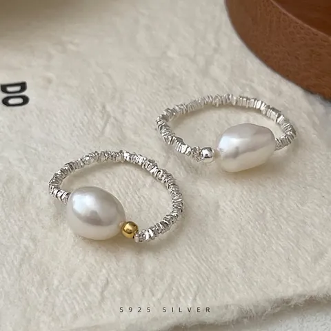 Anello Con Perla Artificial Barocca Naturale Argento Sterling S925 Elastico Trama Artigianale Gioielli Minimalisti Vintage Donna