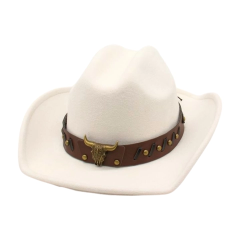 Western Cowboy Hat Polyester Felt With Bull Skull Metal Buckle Retro Ethnic Style Wide Brim Fedora For Men Women