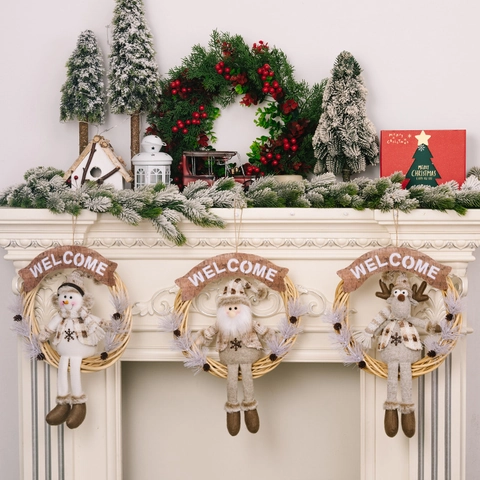 Corona De Navidad Colgante Puerta Mimbre Ratán Papá Noel Muñeco De Nieve Reno Peluche Adorno Cartel Bienvenida