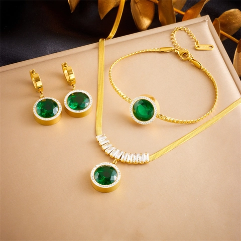 Moda Collar Pendientes Pulsera Piedras Verdes Redondas Acero Inoxidable Chapado En Oro Diamantes Imitación Joyas Mujer Retro