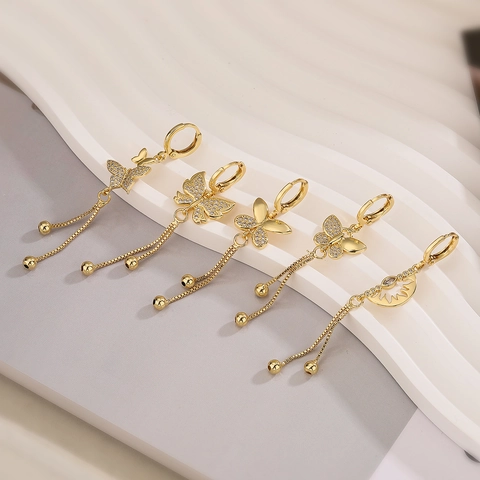 Vlinder Kwastje Lange Oorbellen Verguld Koper Zirkoon Lange Ketting Ring Sieraden Voor Dames