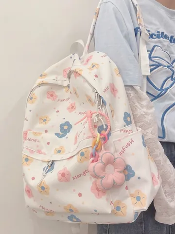 Kawaii Cartoon Print Rucksack Oxford Tuch Mode Lässige Schultasche Für Mädchen Mit Blumen Plüsch Anhänger