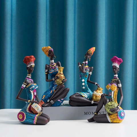 Figurines Femmes Africaines Résine Statue Dame Tribale Robe Traditionnelle Ethnique Avec Pot Décoration Art Maison Bureau