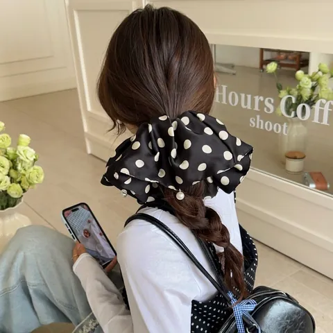 Scrunchie In Satin A Pois Grande Elastico Per Capelli Con Perla Artificial Elegante Retrò Francese Fascia Elastica Per Capelli Da Donna