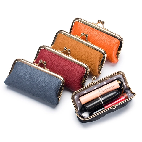 Vintage Top Layer Cowhide Leather Coin Purse Mini Kiss Lock Lipstick Storage Bag Small Pebbled Texture Wallet For Women