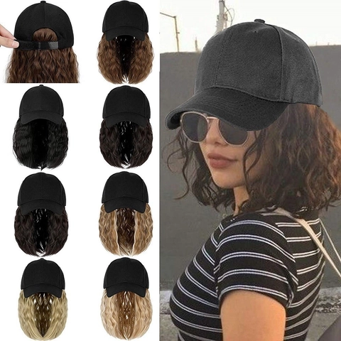 Baseball Cap With Hair Extensions Synthetic Curly Wavy Integrated Wig Hat For Women Adjustable Breathable Natural Look