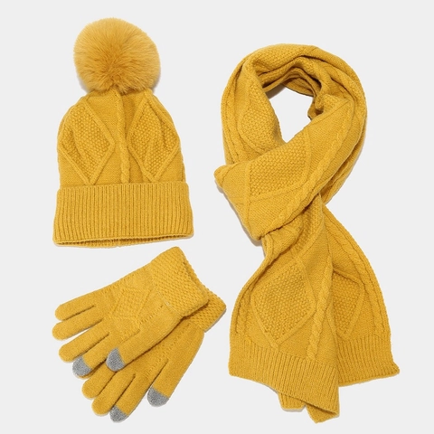 Winter Knitted Hat Scarf And Touch Screen Gloves Warm Thick Cable Knit Pompom For Outdoor Cold Weather Wear