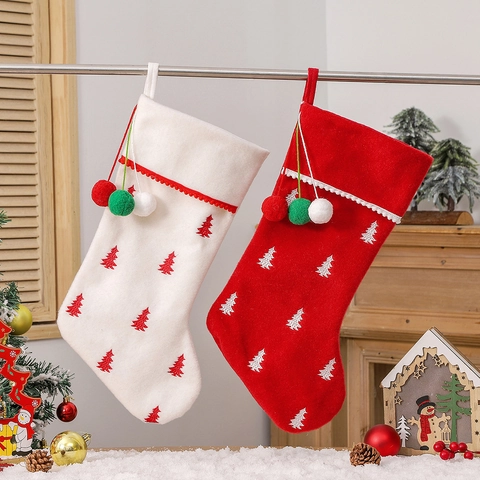 Calze Di Natale Ricamate Con Pompon Sacchetti Regalo Appesi In Tessuto Non Tessuto Decorazioni Per Feste Natalizie