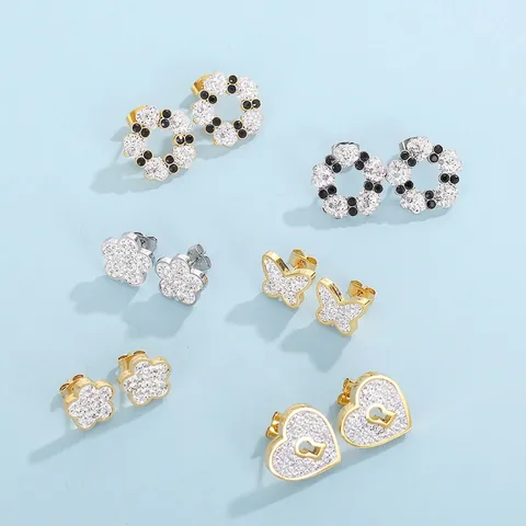 Boucles D'oreilles Strass Acier Inoxydable Cœur Serrure Papillon Fleur Bijoux Zircon Élégant Pour Femme Style Coréen