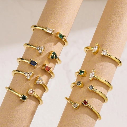 Geometric Open Ring Gold Plated Copper Colorful Cubic Zirconia Adjustable Finger Jewelry Minimalist Fashion For Women
