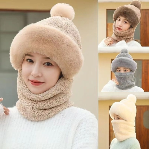 Winter Hat And Scarf Women Knit Plush Faux Fur Thick Warm Windproof Outdoor Cycling Elegant Pom Pom Solid Color