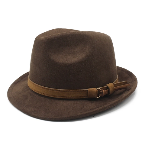 Fedora Hoed Klassiek Suède Polyester Jazz Cap Met Leren Band Metalen Gesp Vintage Winter Kleine Rand Voor Heren Dames