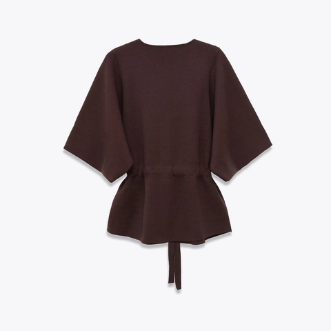 Women Elegant Round Neck Knit Top Half Puff Sleeve Solid Color Waist Tie Polyester Sweater Casual