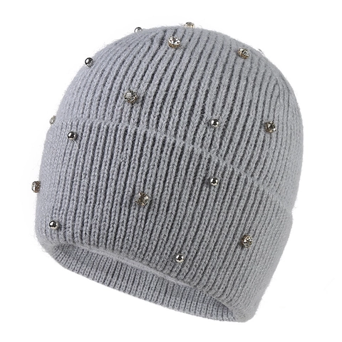 Women Winter Warm Knit Beanie Acrylic Hat Rhinestone Bead Decor Fleece Lined Thermal Outdoor Skiing Headwear For Lady