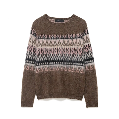 Damen Vintage Fair Isle Jacquard Strickpullover Rundhalsausschnitt Langarm Flauschiger Winterpullover