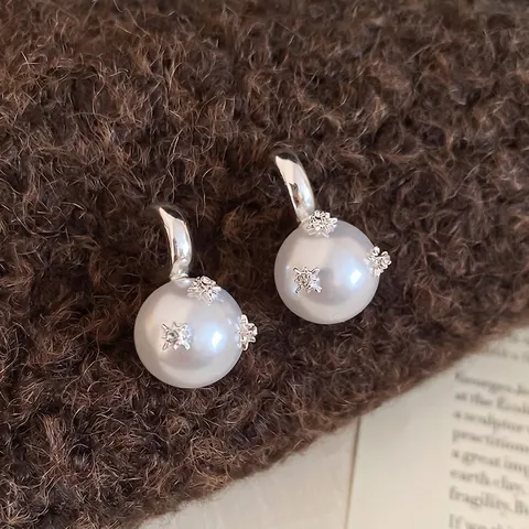 Artificial Pearl Drop Earrings With Star Zircon Inlay And 925 Sterling Silver Earring Post Elegant Vintage Style For Women