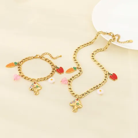 Set Di Gioielli In Acciaio Inossidabile Pendenti Verdure Smalto Fungo Carota Peperoncino Cuore Margherita Collana Bracciale Donna