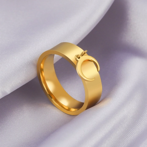 Stainless Steel Ring With Crescent Moon Pendant Minimalist Gold Steel Plated Fashion Finger Jewelry For Women Gift