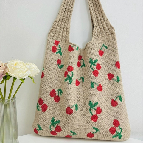 Women Knitted Tote Bag Cherry Pattern Crochet Large Capacity Shoulder Handbag Casual Fashion Soft Fabric Bag