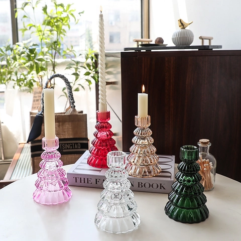 Portacandele In Vetro Albero Di Natale Candeliere Decorativo Per Decorazione Tavola Festiva Design Geometrico A Strati Trasparente