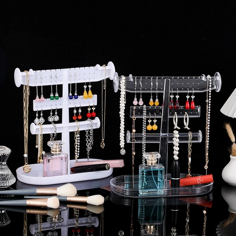 Jewelry Display Stand Earring Organizer Necklace Bracelet Holder Plastic Hanging Rack With Storage Tray
