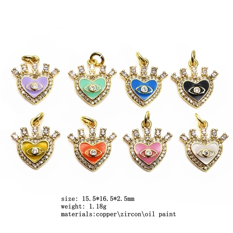 Pendentif Cœur Mauvais Œil en Cuivre et Zirconia Émail Couronne Charm DIY Collier Bracelet Création Femme Bijoux Accessoires