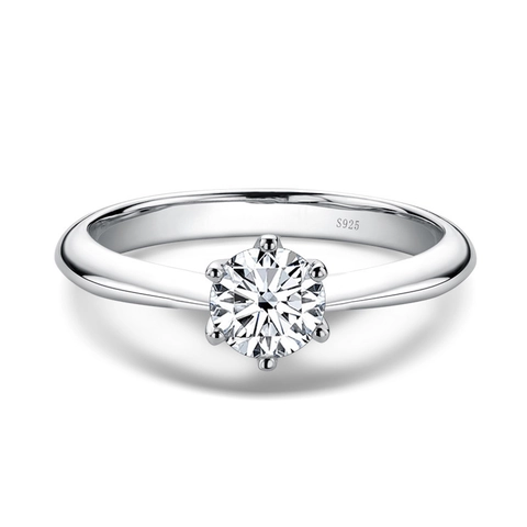 Bague Moissanite 2 Carats Coupe Ronde Classique Serti 6 Griffes Argent Sterling 925 Couronne Bague de Fiançailles Bijoux Femme