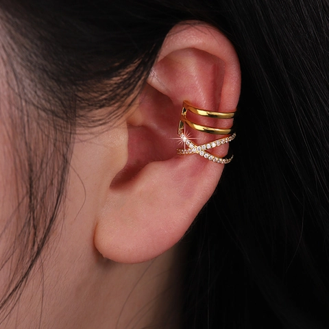 Crossover Ear Cuff Meerlaags Koper Verguld Zirconia Zonder Piercing Franse Stijl Minimalistische Sieraden Voor Vrouwen