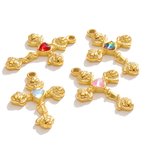 Pendente Croce Acciaio Inossidabile Placcato Oro Gemma Cuore Rilievo Rosa Vintage Gotico DIY Accessorio Gioielli