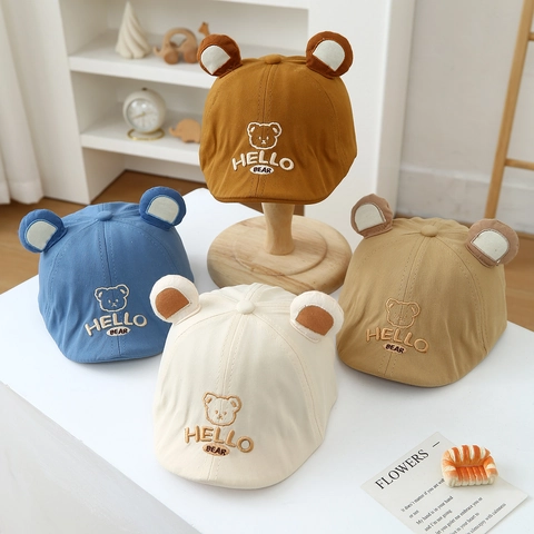 Baby Toddler Cotton Baseball Cap With 3D Bear Ears Hello Bear Embroidery Sun Protection Cute Cartoon Adjustable Hat