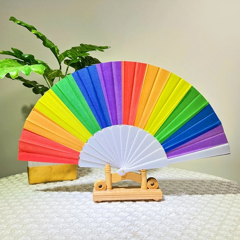 Rainbow Folding Fan Plastic Ribs Cloth Hand Fan For Dance Wedding Party Photography Props Colorful Portable Decorative Accessory