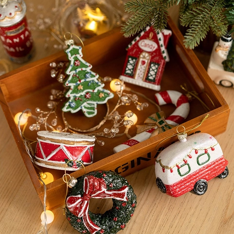 Decorazioni Natalizie Vintage Da Appendere In Plastica Dipinta Con Glitter Albero Casa Camion Tamburo Per Casa