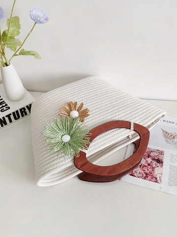 Gewebte Baumwollseil Tragetasche Mit Holzgriff Blumendekor Große Kapazität Strandurlaub Bohemian Stil Handtasche Damen