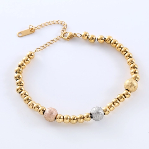 Pulsera De Perlas Minimalista De Acero Inoxidable Tres Tonos Pulido Mate Perlas Redondas Cadena De Extensión Ajustable Joyas Para Mujer