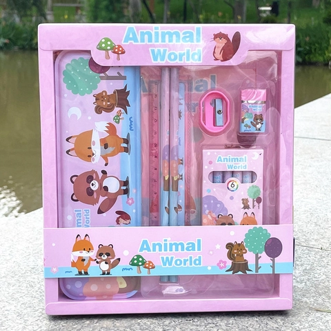Set de Papelería para Niños Estuche de Lápices Dibujos Animados Regla Sacapuntas Goma Útiles Escolares Regalo
