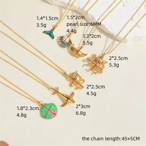 Oceaan Thema Hanger Ketting Koper 14K Verguld Zirkoon Kunstparel Emaille Visstaart Octopus Schelp Sieraden Voor Vrouwen