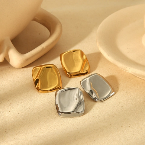 Irregular Square Stud Earrings 18K Gold Plated Stainless Steel With Silver Earring Post Wrinkled Geometric For Women