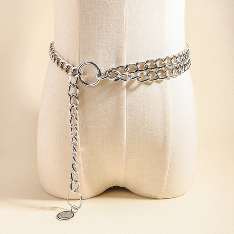 Women Metal Waist Chain Belt Double Layer Hollow Out Punk Style Smiley Face Pendant Silver Round Ring Buckle