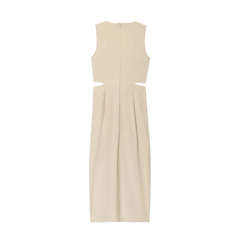 Women Sleeveless Polyester Midi Dress V Neck Cut Out Waist Twist Knot Solid Beige Elegant Summer Outfits
