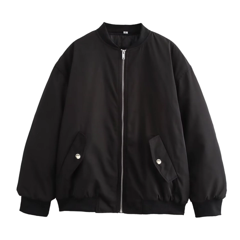Women Bomber Jacket Ruched Long Sleeve Zip Up Loose Fit Streetwear Polyester Solid Black Coat Outerwear