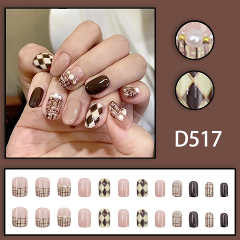 Press On Nails Maillard Brown Plaid French Style Square False Nails With Artificial Pearl Decor Fashion Manicure For Women