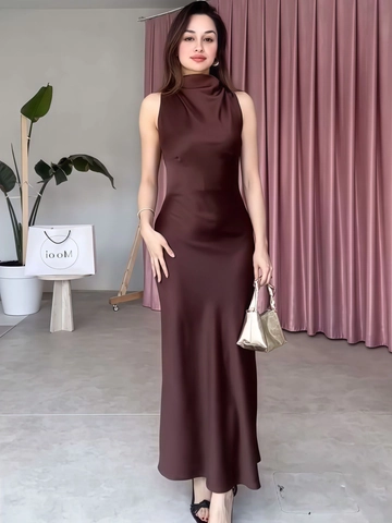 Elegant Satin Maxi Dress Sleeveless High Neck Cowl Neck Bodycon Slim Fit Solid Color For Women Evening Party Banquet