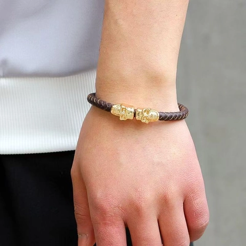 Braided Leather Bracelet With Copper Skull Head Magnetic Clasp Punk Gothic Style Vintage Jewelry For Men