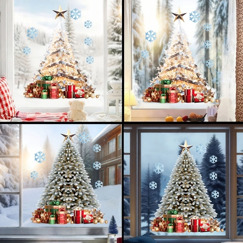 Christmas Tree Snowflake Window Clings Static Stickers PVC Glass Decals Holiday Home Decoration Gift Box Patterns