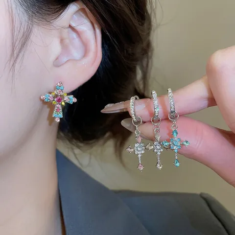 Colorful Rhinestone Cross Pendant Hoop Earrings With 925 Sterling Silver Earring Post Luxury Korean Style Jewelry Women
