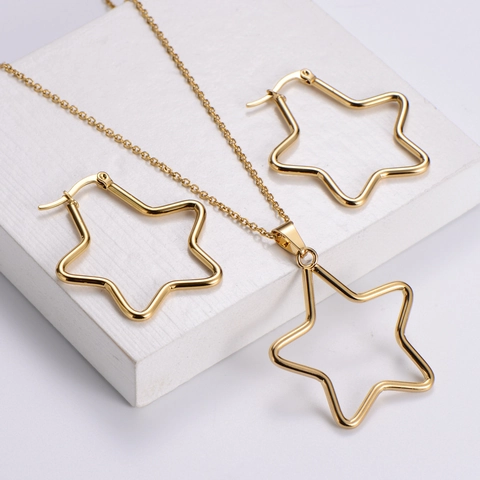 Stern Schmuck Halskette Und Ohrringe 316L Edelstahl 18K Vergoldet Hohl Pentagramm Geometrisch Für Damen Mädchen