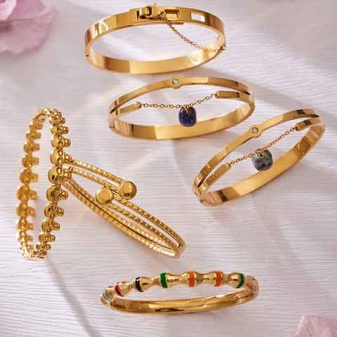 Stainless Steel Bangle Bracelet Colorful Enamel Bamboo Joint Skull Natural Stone Waterproof Fashion Jewelry For Women
