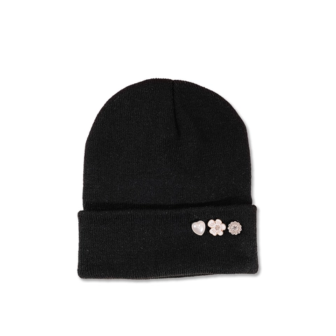 Knitted Beanie Hat Acrylic Warm Winter Cap With Heart Flower Rhinestone Decorative Buttons Fashionable For Women